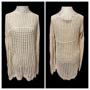 Crystal Kobe Boho Crochet Tunic Sweater Cream Minimalist Asymmetrical Hem Large
